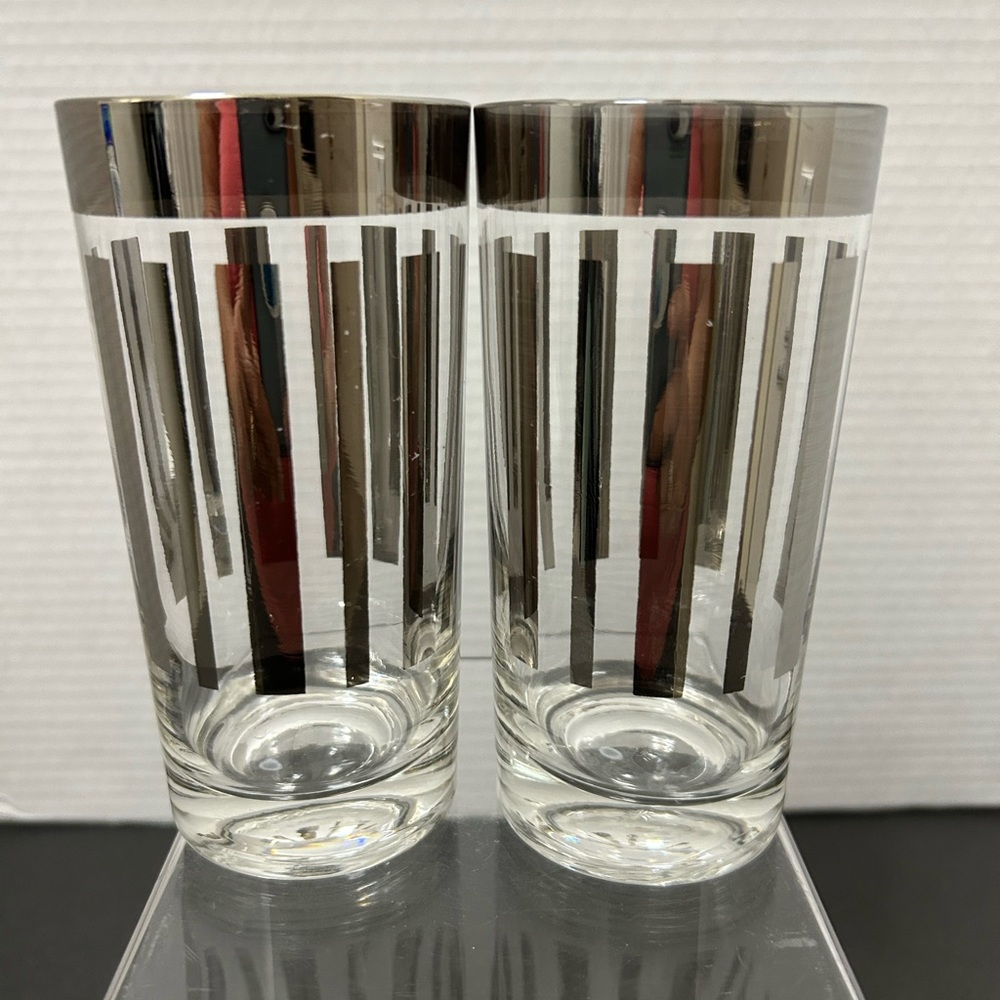 Dorothy Thorpe Platinum Stripe Mid Century Highball Drinking Glasses Set Of 2